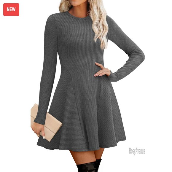 Ribbed Knit Sweater Dress Long Sleeve A-Line Fit Flare Casual Ribbed Knit Sweater Dress Long Sleeve A-Line Fit Flare Casual